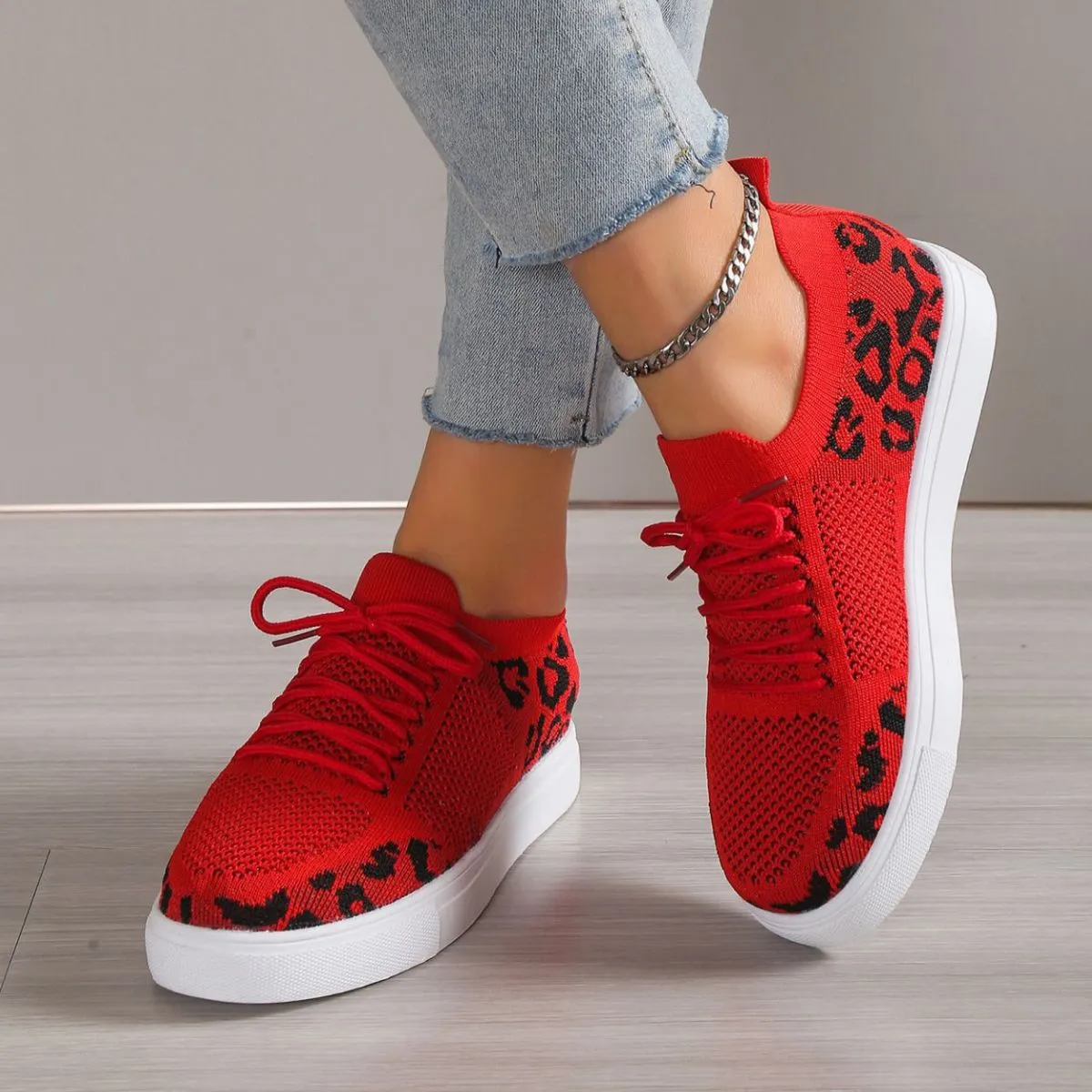 Women's Lace-Up Leopard Flat Sneakers