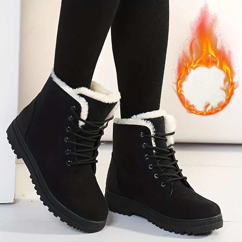 Women's Plush Lined Ankle Boots, Solid Color Lace Up Round Toe Snow Boots, Thermal Outdoor Short Boots