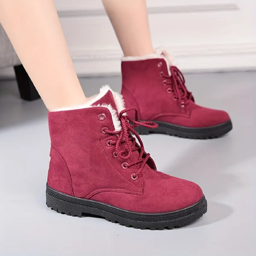 Women's Plush Lined Ankle Boots, Solid Color Lace Up Round Toe Snow Boots, Thermal Outdoor Short Boots