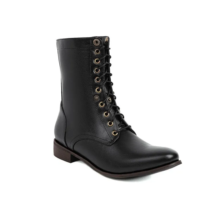 Women's Pointed Toe Rivets Lace Up Low Heels Riding Short Boots