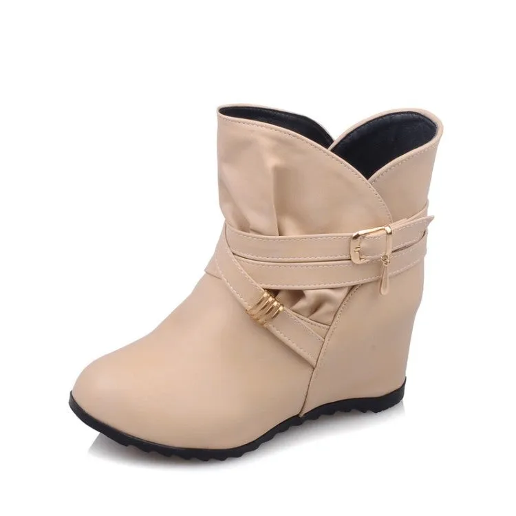 Women's Pu Leather Round Toe Crossed Buckle Straps Wedge Heel Short Boots