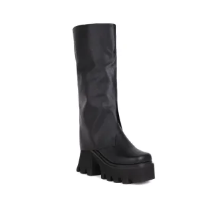 Women's Pu Leather Round Toe Fold Block Heel Platform Knee High Boots