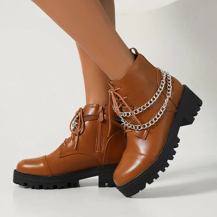 Women's Pu Leather Round Toe Lace Up Side Zippers Metal Chains Block Chunky Heel Platform Short Boots