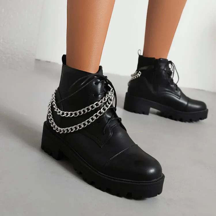 Women's Pu Leather Round Toe Lace Up Side Zippers Metal Chains Block Chunky Heel Platform Short Boots