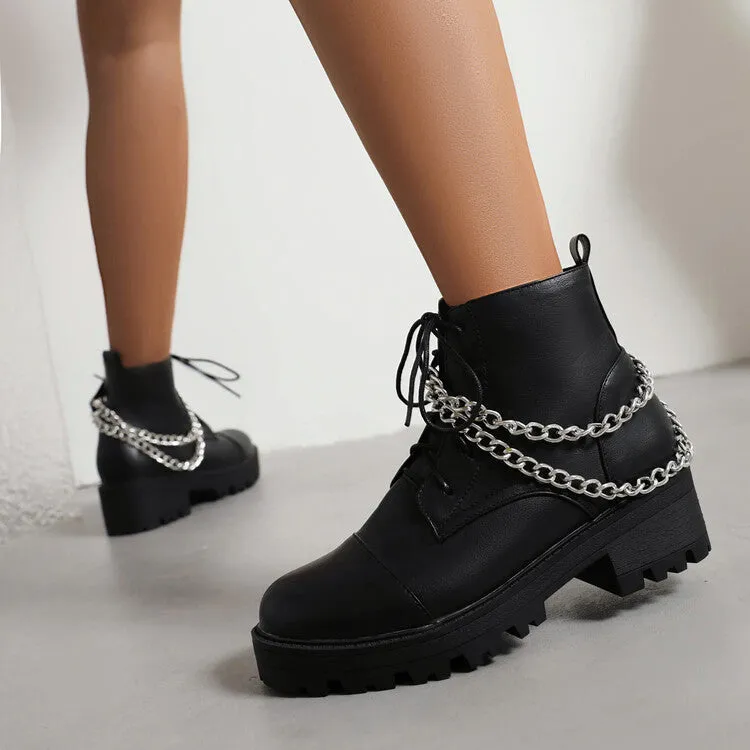 Women's Pu Leather Round Toe Lace Up Side Zippers Metal Chains Block Chunky Heel Platform Short Boots