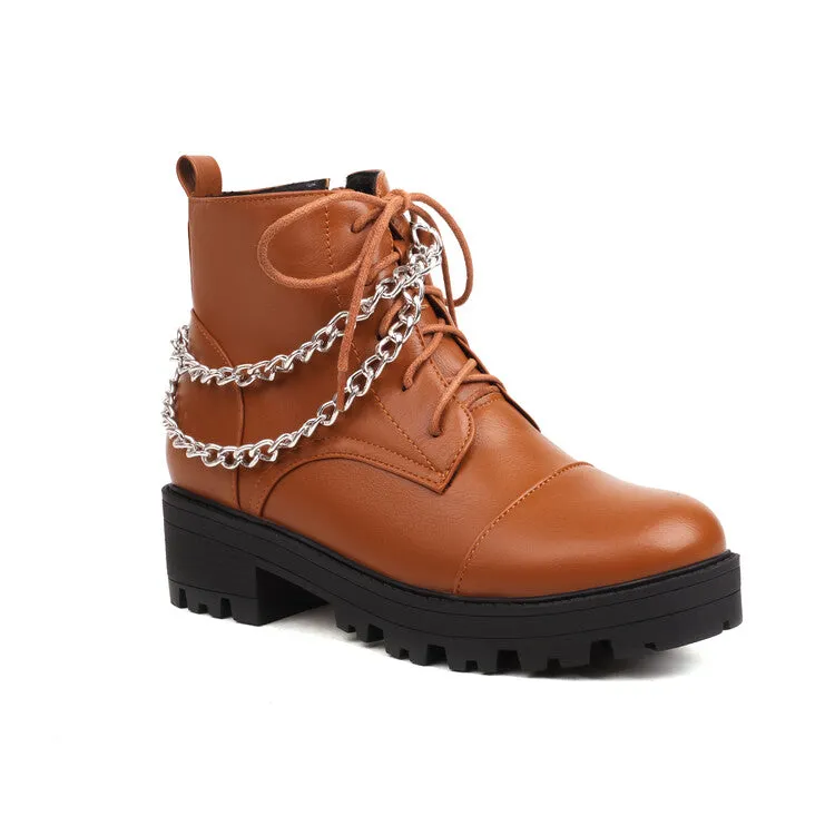 Women's Pu Leather Round Toe Lace Up Side Zippers Metal Chains Block Chunky Heel Platform Short Boots