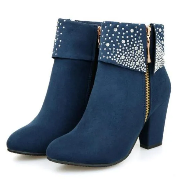 Women's rivets décor fold down ankle block heel zipper ankle boots