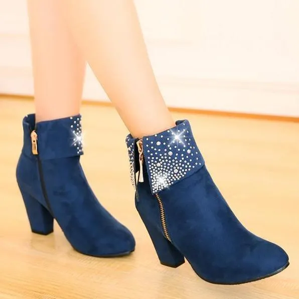 Women's rivets décor fold down ankle block heel zipper ankle boots