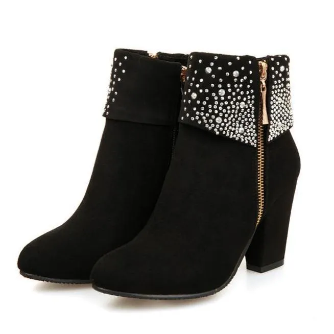 Women's rivets décor fold down ankle block heel zipper ankle boots