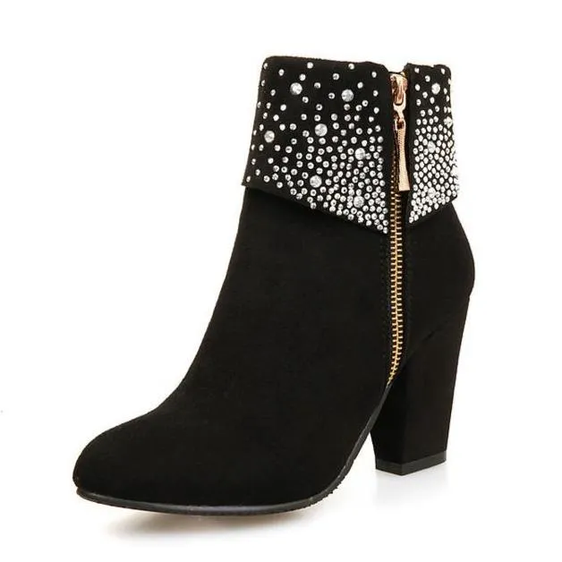 Women's rivets décor fold down ankle block heel zipper ankle boots