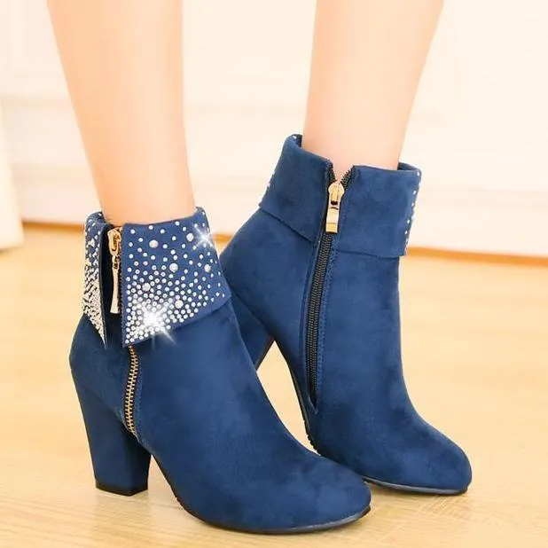 Women's rivets décor fold down ankle block heel zipper ankle boots