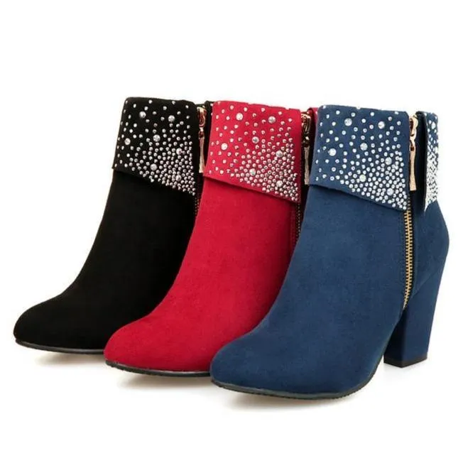 Women's rivets décor fold down ankle block heel zipper ankle boots