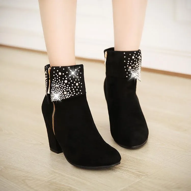 Women's rivets décor fold down ankle block heel zipper ankle boots