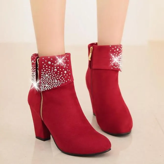 Women's rivets décor fold down ankle block heel zipper ankle boots