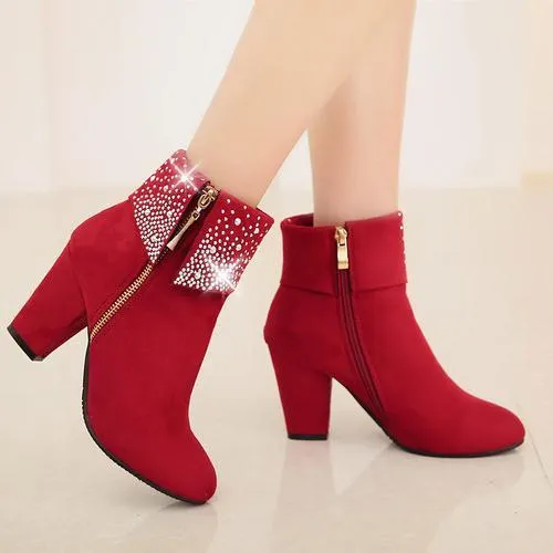 Women's rivets décor fold down ankle block heel zipper ankle boots