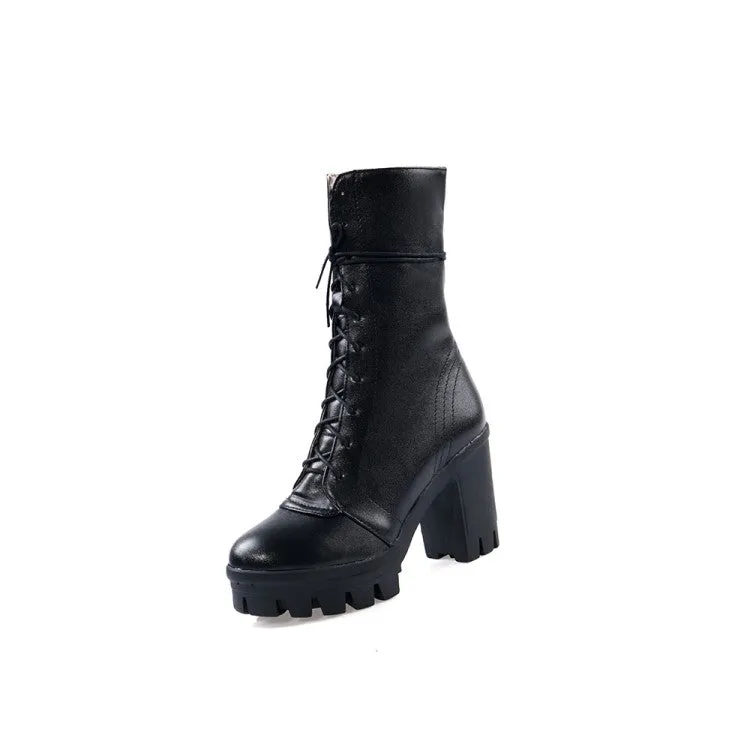 Women's Round Toe Lace Up Block Heel Platform Mid Calf Boots