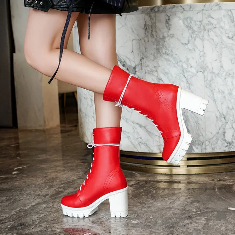 Women's Round Toe Lace Up Block Heel Platform Mid Calf Boots